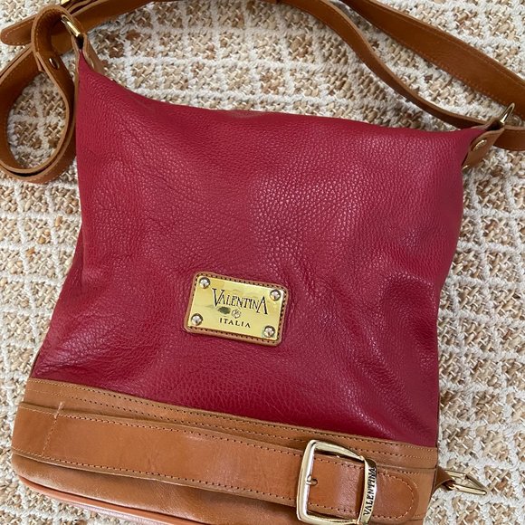 Valentina Italian leather handbag 2 tone red & tan leather Made in Italy - Picture 1 of 14